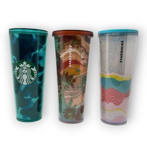 Lot of 3 Starbucks Tumbler Insulated Cups 24 oz Wave Marbled Desert No Straws